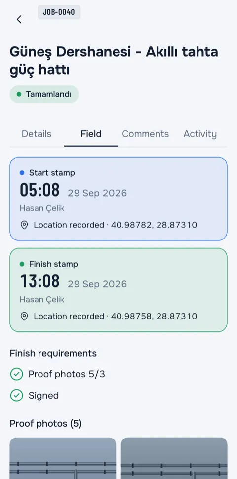 Signed field record on the phone with the customer's signature saved to the job together with the signer's name, date, time and location status