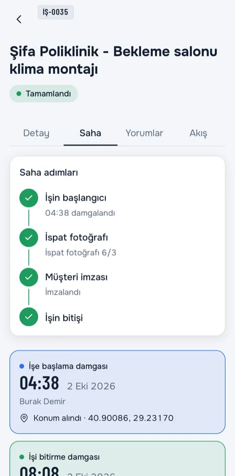 Telefonda müşterinin imzasının, imzalayanın adı ile tarih, saat ve konum durumuyla işe kaydedildiği imzalı saha kaydı