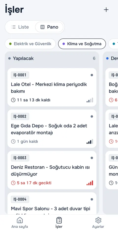 Telefonda işleri durum sütunlarında gösteren kanban