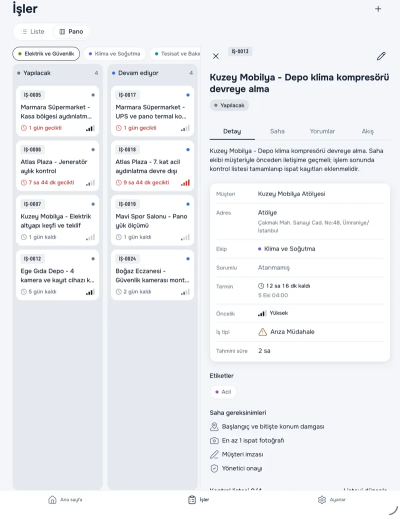 Tablette işleri durum sütunlarında gösteren kanban