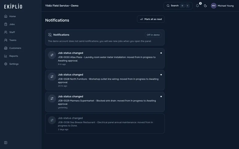 Notifications screen announcing job updates