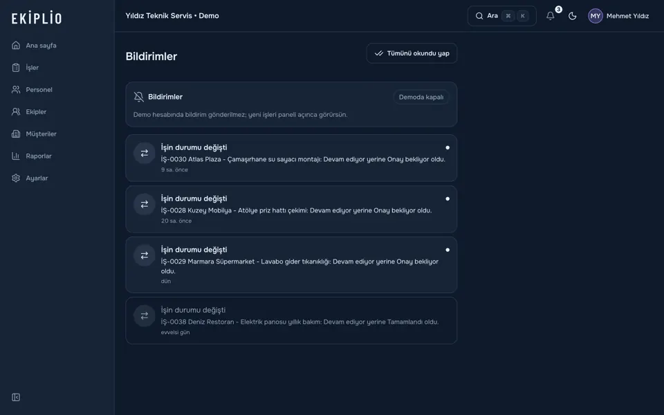 İş gelişmelerini bildiren bildirimler ekranı